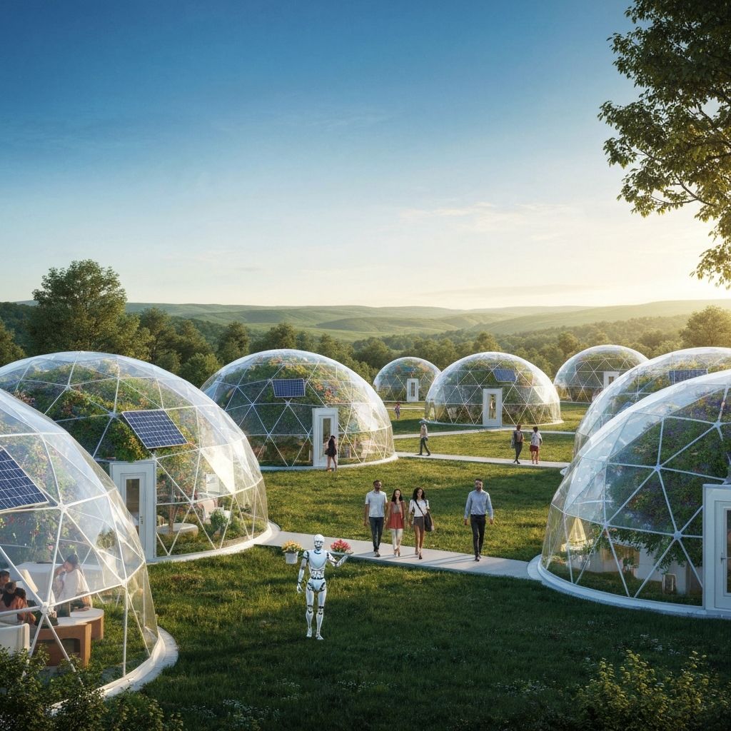Futuristic geodesic eco-domes in a lush green landscape with diverse people and AI care robots