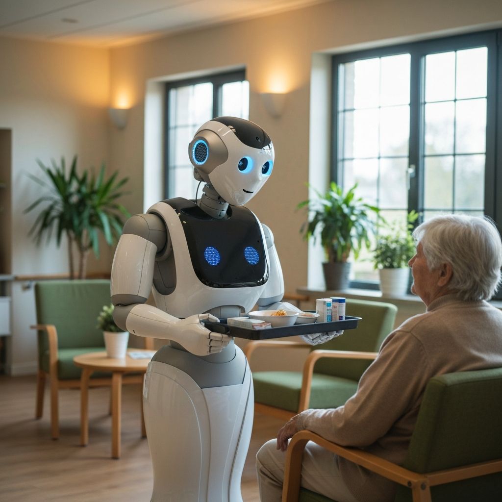 Humanoid robot assistant gently helping a person in a bright care facility